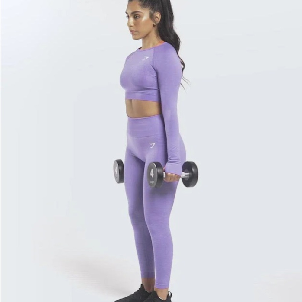 Gymshark Purple Vital Seamless Workout Set Long Sleeve Crop Top Leggings